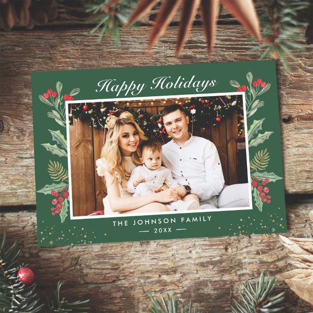 Happy Holidays Green Red Berries Christmas Photo Holiday Card (Creator Uploaded)