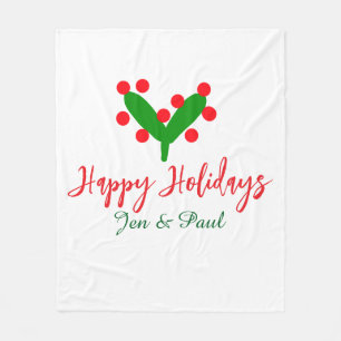 Happy holidays green red couple name green leaf fleece blanket