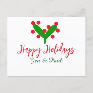Happy holidays green red couple name green leaf holiday postcard