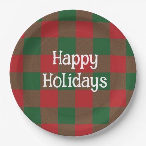 Happy Holidays Green  Red Plaid Paper Plates