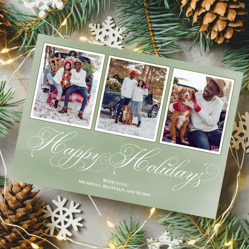 Happy Holidays Green Script Photo Collage Holiday Card