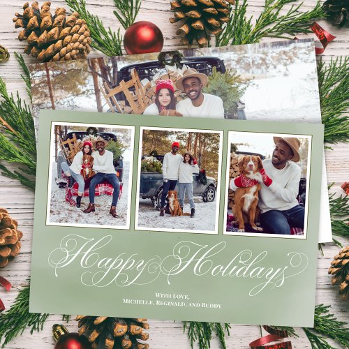 Happy Holidays Green Script Photo Collage Holiday Card