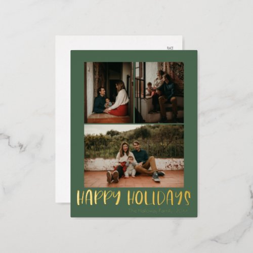 Happy Holidays  Green Vertical 3 Photo  Gold Foil Holiday Postcard