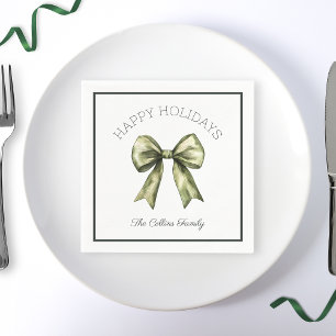 Happy Holidays Green Watercolor Bow Modern Napkins