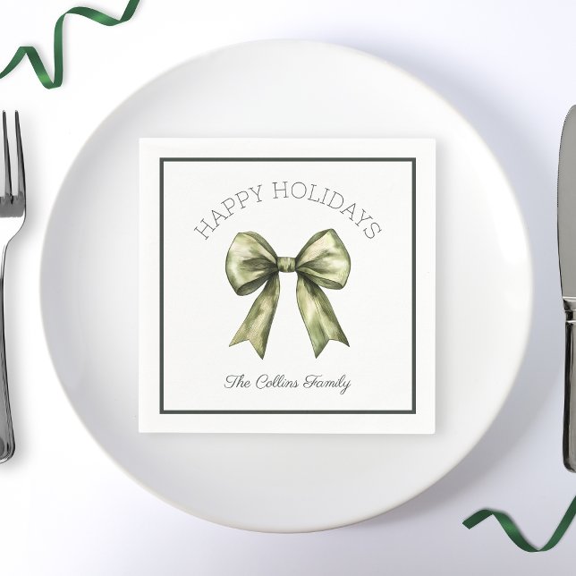 Happy Holidays Green Watercolor Bow Modern Napkins (Creator Uploaded)
