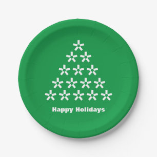 Happy Holidays Green white snow Stars Tree Paper Plates