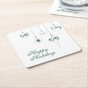 Happy Holidays GreenMonogram Bauble Ornaments Square Paper Coaster