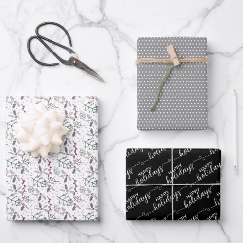 Happy Holidays Greeting Wish On Black And White Wrapping Paper Sheets