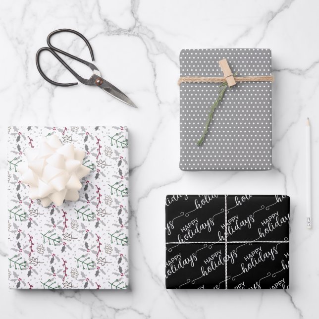 Happy Holidays Greeting Wish On Black And White Wrapping Paper Sheets (Front)