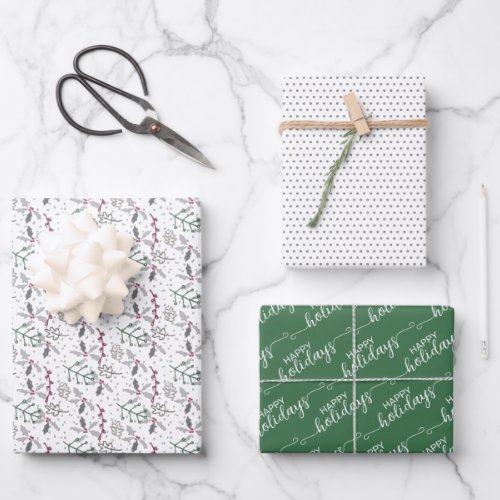 Happy Holidays Greeting Wish On Green And White Wrapping Paper Sheets