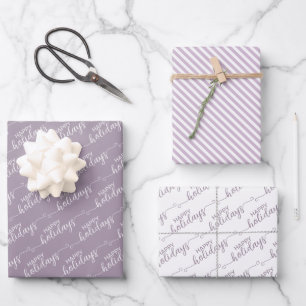 Happy Holidays Greeting Wish On Violet Pink White Wrapping Paper Sheets