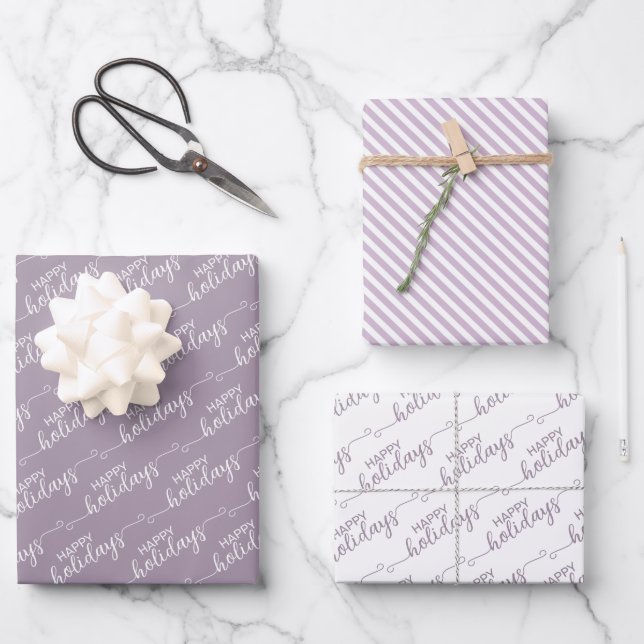 Happy Holidays Greeting Wish On Violet Pink White Wrapping Paper Sheets (Front)