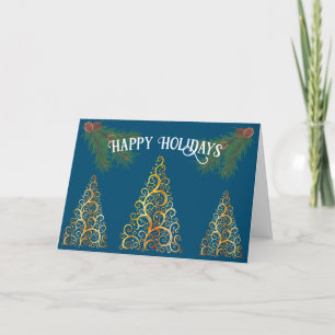 Happy Holidays Gretting Card Trees Gold and Blue