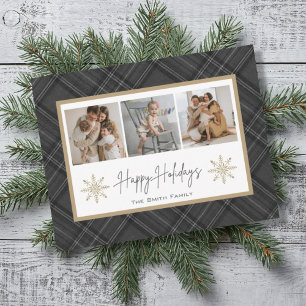 Happy Holidays Grey Black Plaid Snowflake Photo Ho Holiday Card