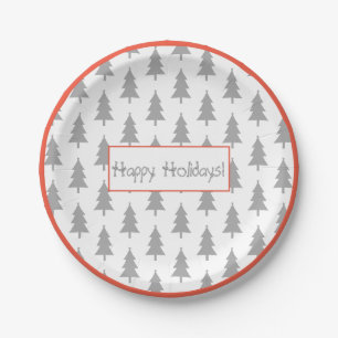 Happy Holidays Grey On White Fir Tree Pattern Paper Plates