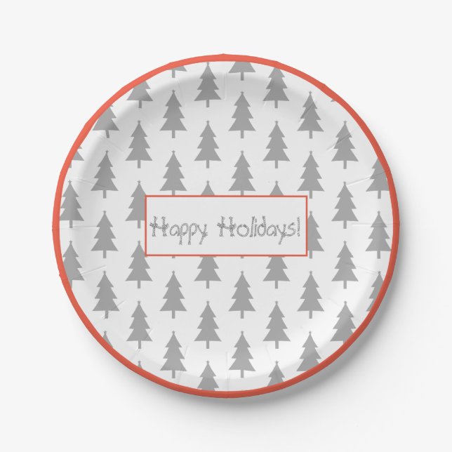 Happy Holidays Grey On White Fir Tree Pattern Paper Plates (Front)