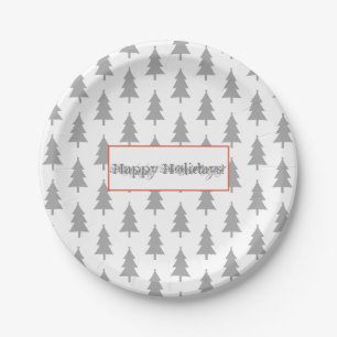 Happy Holidays Grey On White Fir Tree Pattern Paper Plates