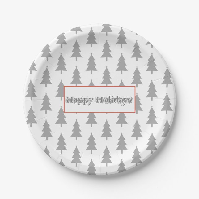 Happy Holidays Grey On White Fir Tree Pattern Paper Plates (Front)