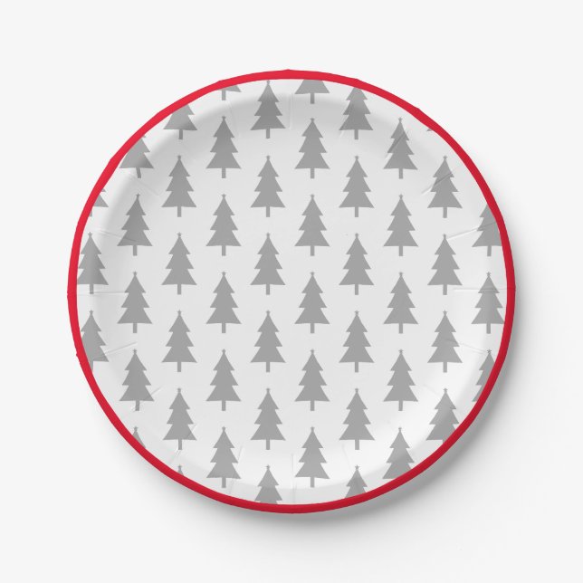 Happy Holidays Grey On White Fir Tree Pattern Paper Plates (Front)