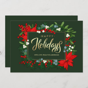 Happy Holidays. Hand drawn Mistletoe, Poinsettia Holiday Card