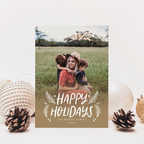 Happy Holidays Hand drawn Pine Berries Photo Holiday Card