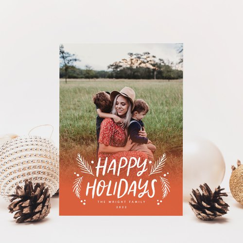 Happy Holidays Hand drawn Pine Berries Photo Red Holiday Card