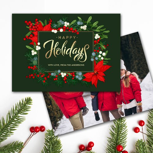 Happy Holidays Hand drawn Poinsettia Frame Photo Holiday Card