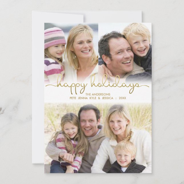 Happy Holidays Hand Lettered Gold Photo Collage Holiday Card (Front)