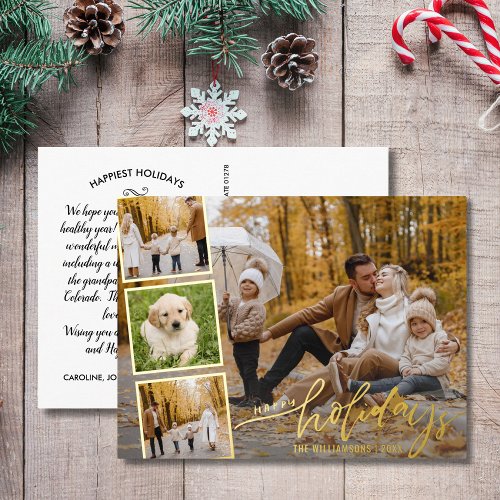 Happy Holidays Hand Lettered Photo Collage Gold Foil Holiday Postcard