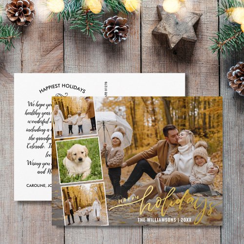 Happy Holidays Hand Lettered Photo Collage Gold Foil Holiday Postcard