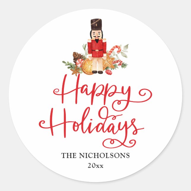 Happy Holidays | Handwritten Script Nutcracker Classic Round Sticker (Front)