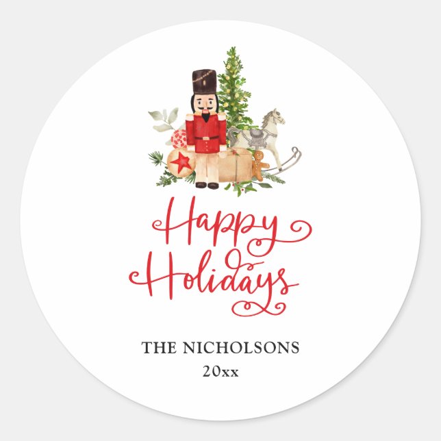 Happy Holidays | Handwritten Script Nutcracker Classic Round Sticker (Front)