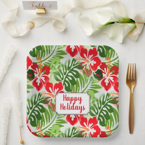 Happy Holidays Hawaiian Flowered Pattern Christmas Paper Plates