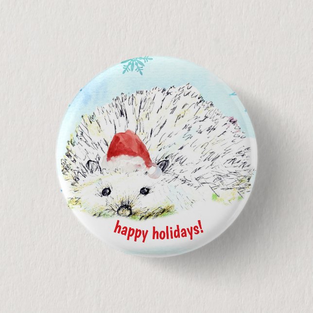 Happy Holidays Hedgehog Santa Hat Wildlife Button (Front)