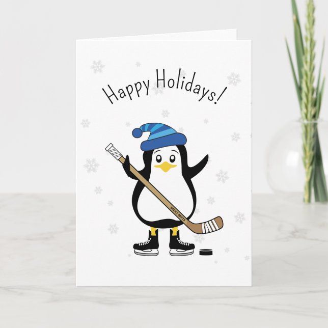 Happy Holidays Hockey Penguin Holiday Card (Front)