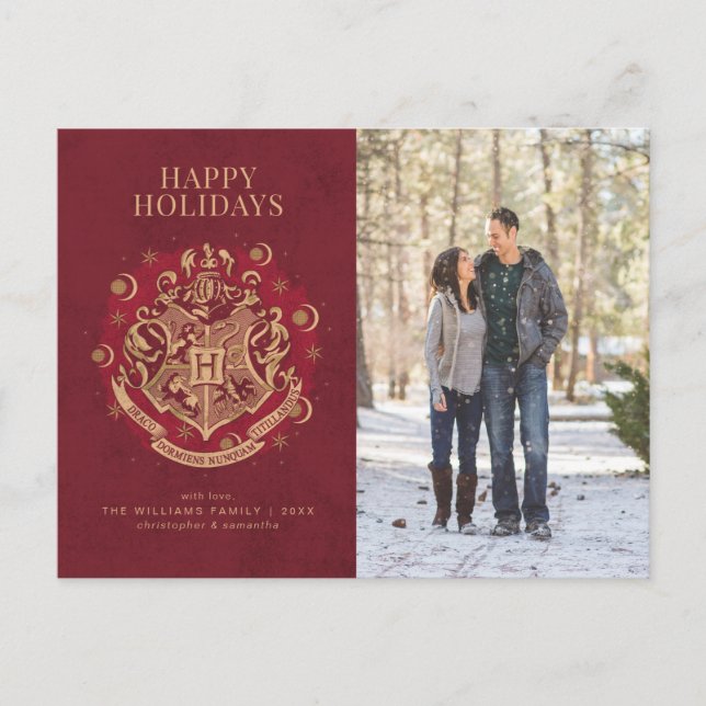 Happy Holidays | HOGWARTS™ Crest Family Photo  Holiday Postcard (Front)