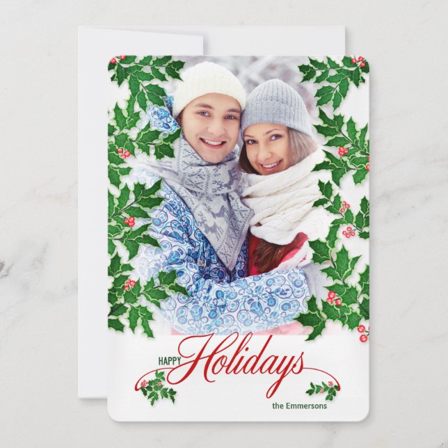 Happy Holidays Holly and Berries Vertical Photo Holiday Card (Front)