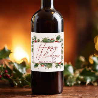Happy Holidays Holly Berries Christmas Wine Label