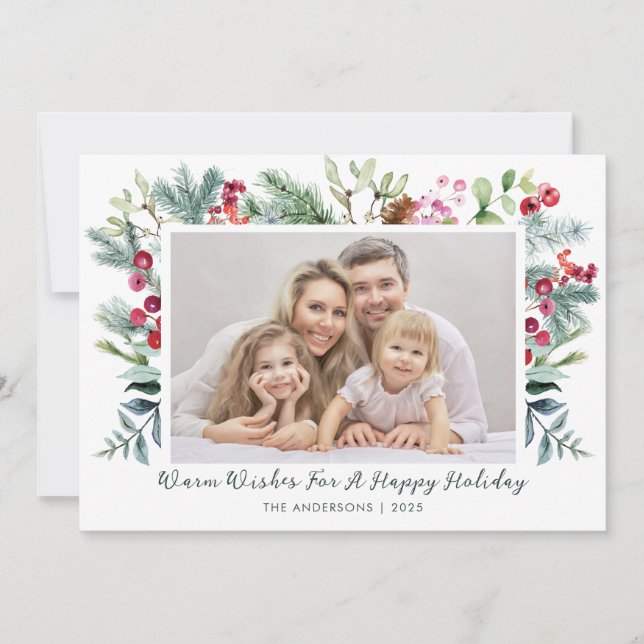Happy Holidays Holly Berry Photo  Holiday Card (Front)