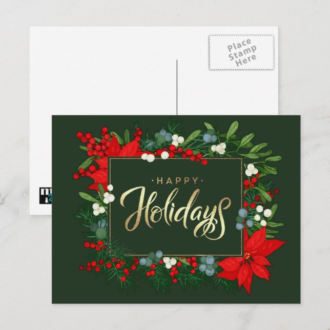 Happy Holidays. Holly, Mistletoe and Poinsettia Holiday Postcard (Front/Back)