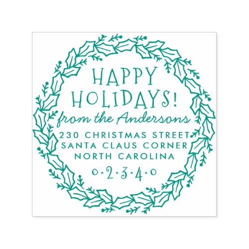 Happy Holidays Holly  Pine Wreath Return Address Self_inking Stamp