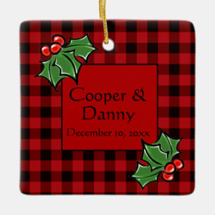 Happy Holidays Holly Sprigs, Christmas greenery Ceramic Ornament