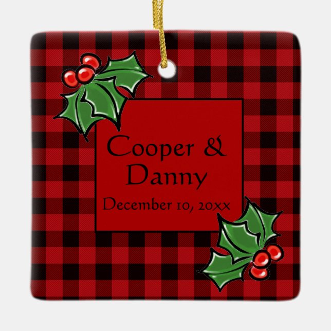 Happy Holidays Holly Sprigs, Christmas greenery Ceramic Ornament (Front)