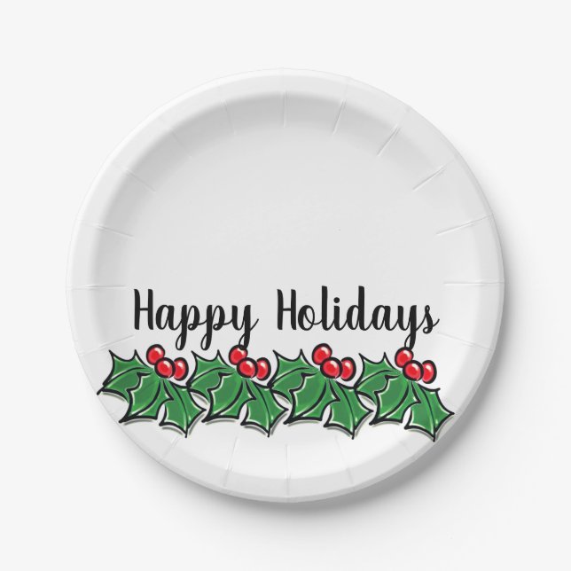 Happy Holidays Holly Sprigs, Christmas greenery Paper Plates (Front)