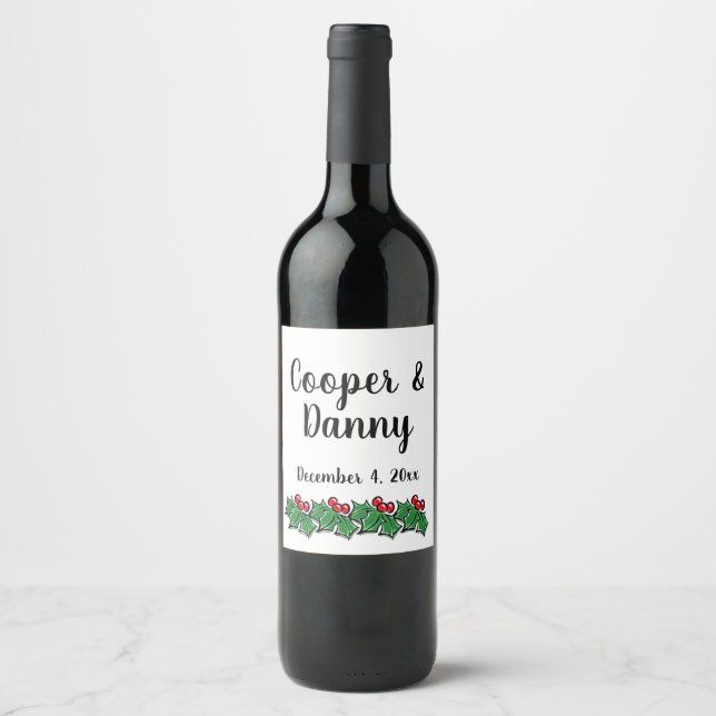 Happy Holidays Holly Sprigs, Christmas greenery Wine Label (Front)