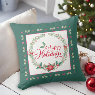 Happy Holidays Holly Wreath Christmas Throw Pillow