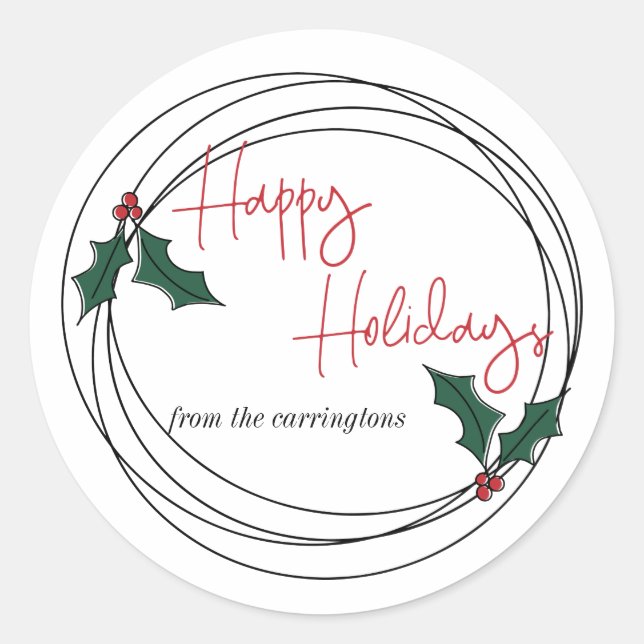 Happy Holidays Holly Wreath Family Envelope Seals (Front)