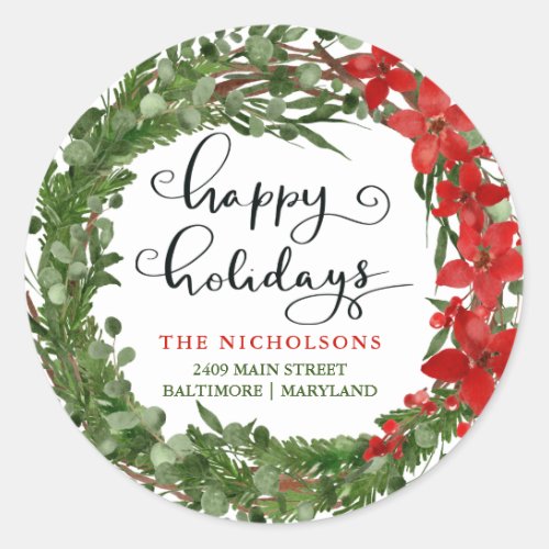 Happy Holidays Holly Wreath Return Address   Classic Round Sticker