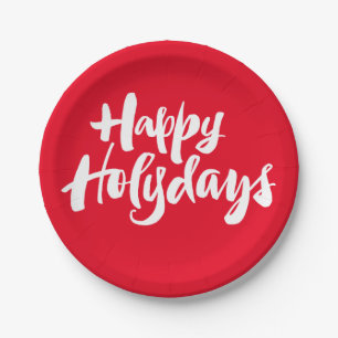Happy Holidays Holydays Christmas Lettering Red Paper Plates