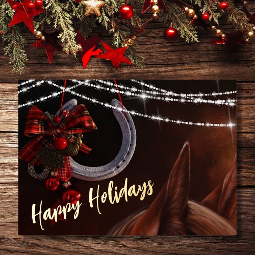 Happy Holidays Horse and Horseshoe Christmas Flat Foil Holiday Card